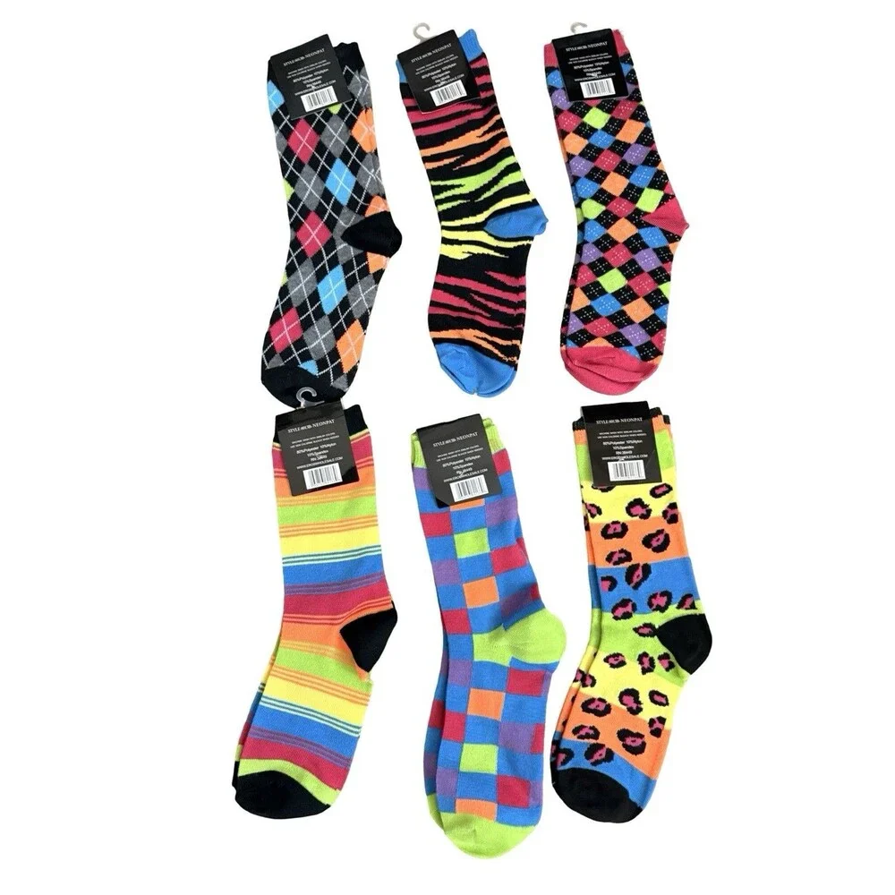 Eros Womens Colorful Crew Socks 6 Pairs Neon Argyle Leopard Zebra Size 9-11 New